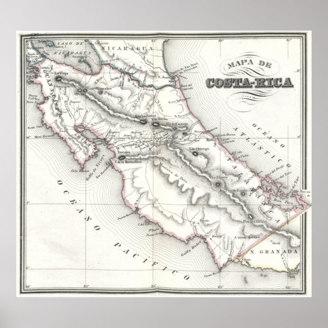 Vintage Karte Costa Ricas (1851) Poster (Vorne)