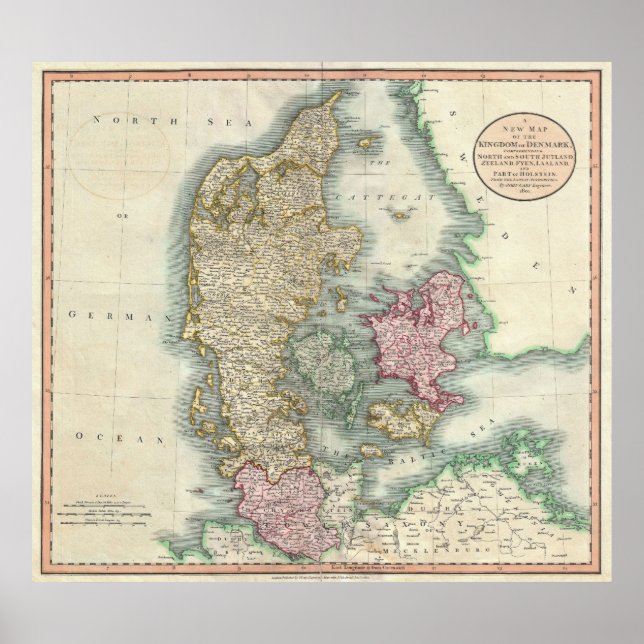 Vintage Karte Dänemarks (1801) Poster (Vorne)