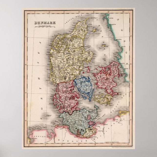 Vintage Karte Dänemarks (1838) Poster (Vorne)