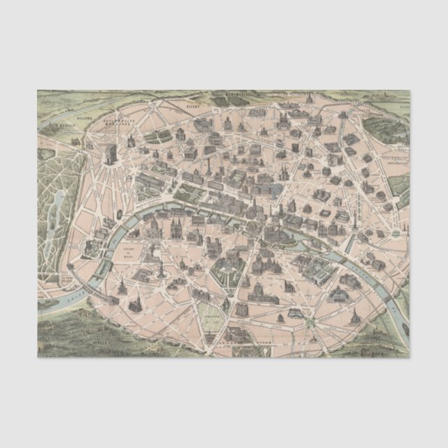 Vintage Karte der antiken Stadt Paris Seidenpapier (Vorderseite)