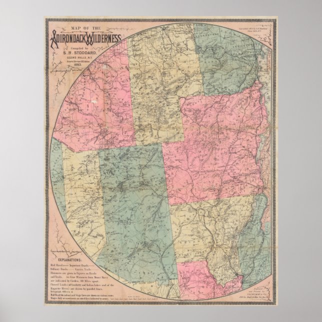 Vintage Karte der Berge von Adirondack (1883) Poster (Vorne)