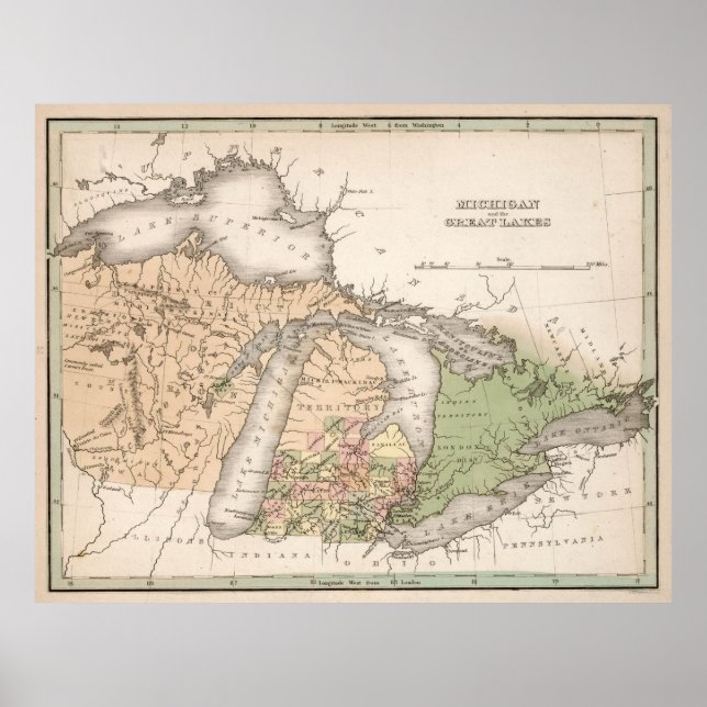 Vintage Karte der Großen Seen (1837) Poster (Vorne)