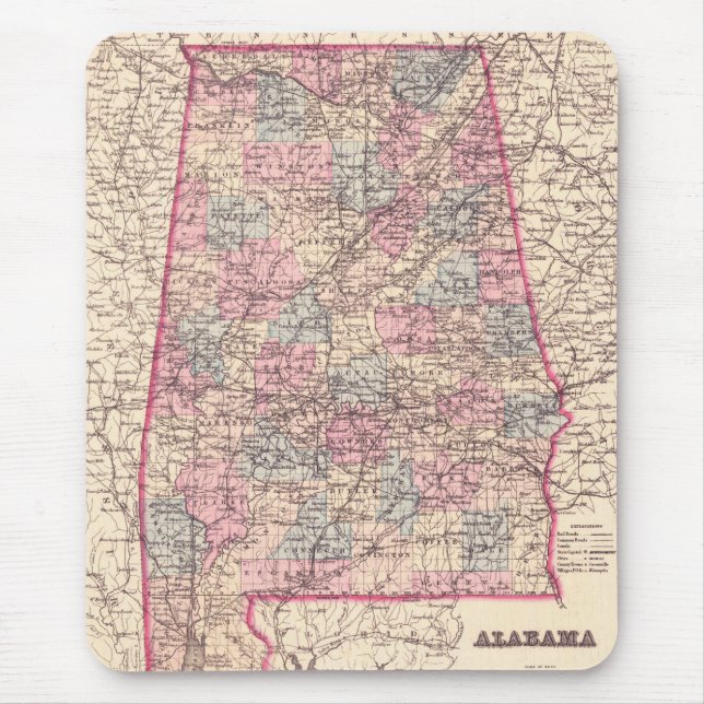 Vintage Karte der Landkreise von Alabama (1876) Mousepad (Vorne)