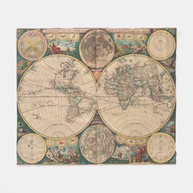Vintage Karte der Welt (1672) 2 Fleecedecke (Vorderseite (Horizontal))