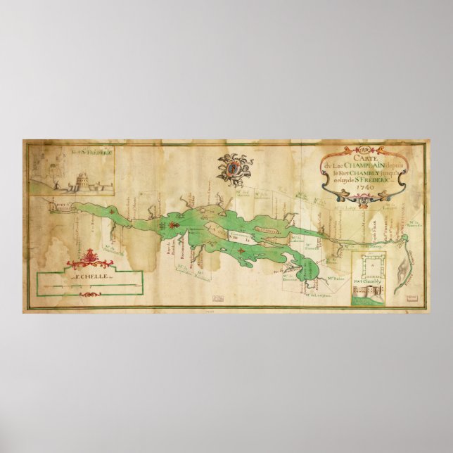 Vintage Karte des Champlain-Sees (1740) Poster (Vorne)