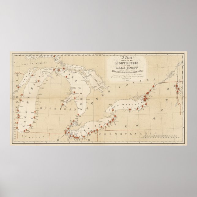 Vintage Karte des Leuchtturms "Great Lakes Lightho Poster (Vorne)