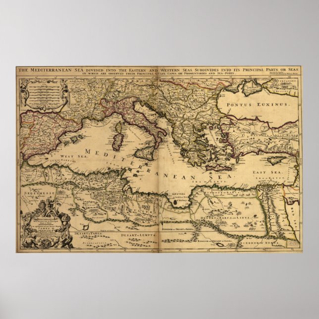 Vintage Karte des Mittelmeers (1685) Poster (Vorne)