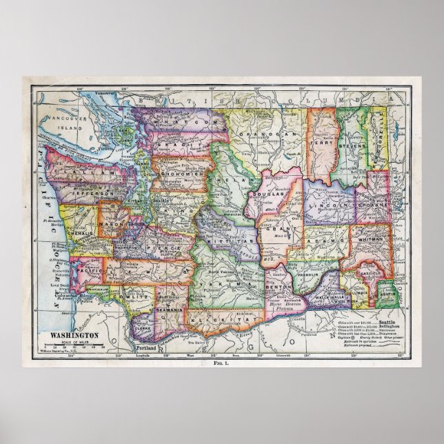 Vintage Karte des Staat Washington Poster (Vorne)
