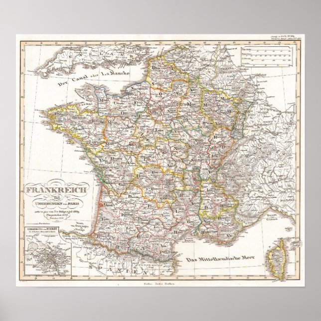 Vintage Karte Frankreichs (1850) Poster (Vorne)