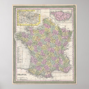 Vintage Karte Frankreichs, 1853 Poster