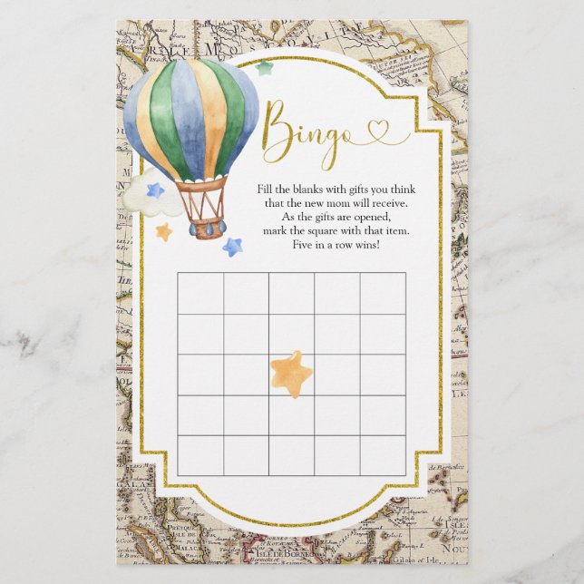 Vintage Karte Heißluftballon Babydusche Bingo (Vorderseite)