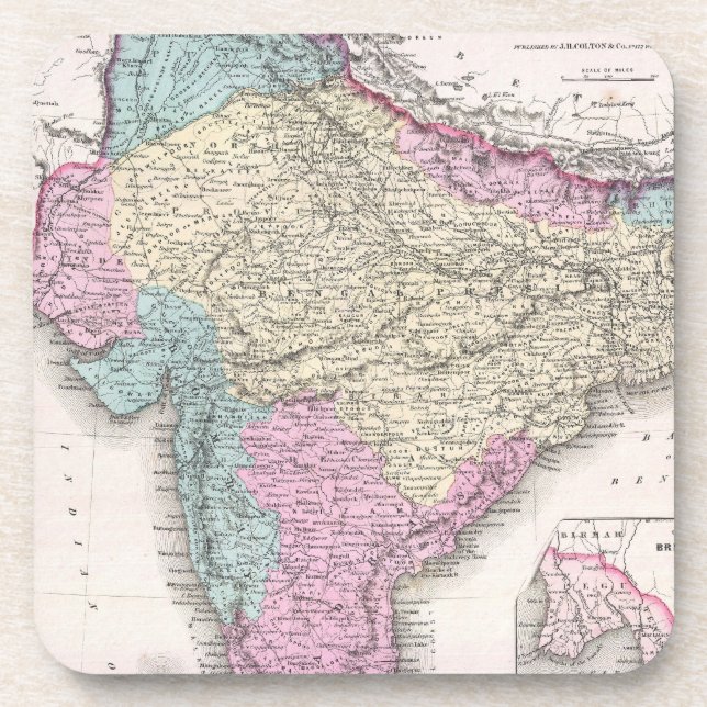 Vintage Karte Indiens (1855) Getränkeuntersetzer (Vorderseite)