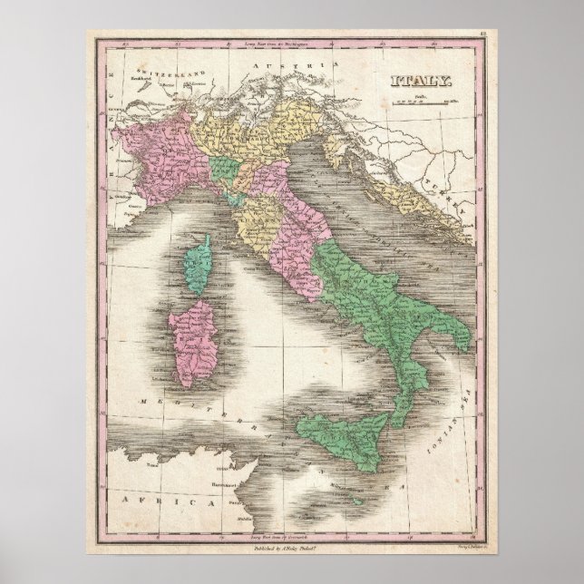 Vintage Karte Italiens (1827) Poster (Vorne)