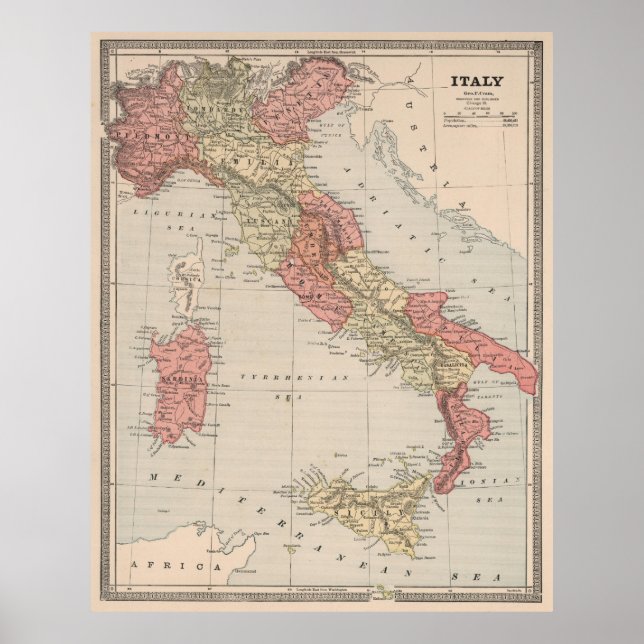 Vintage Karte Italiens (1883) Poster (Vorne)
