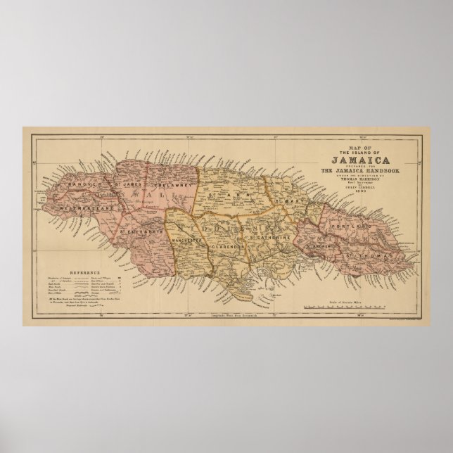 Vintage Karte Jamaikas (1893) Poster (Vorne)