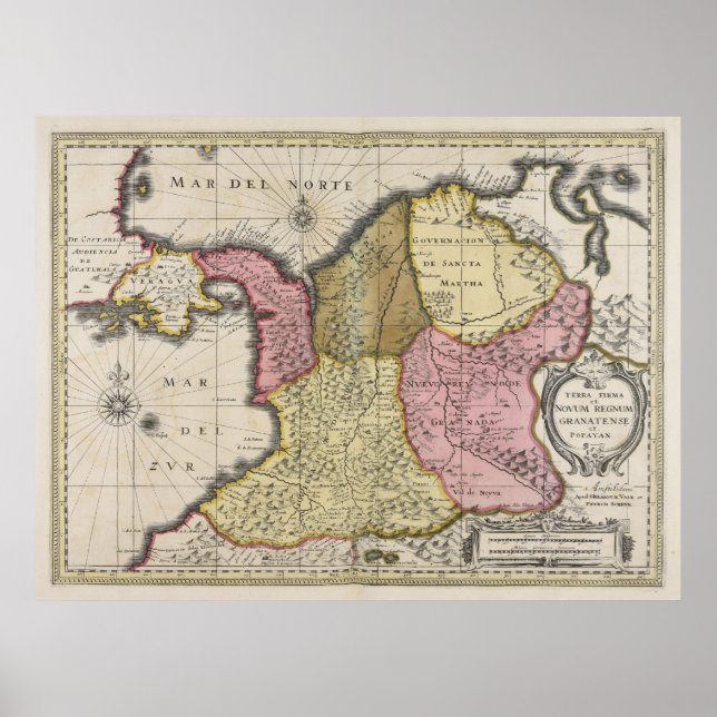 Vintage Karte Kolumbiens (1719) Poster (Vorne)
