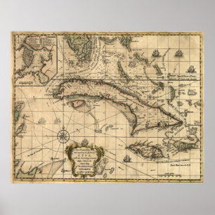 Vintage Karte Kubas (1762) Poster
