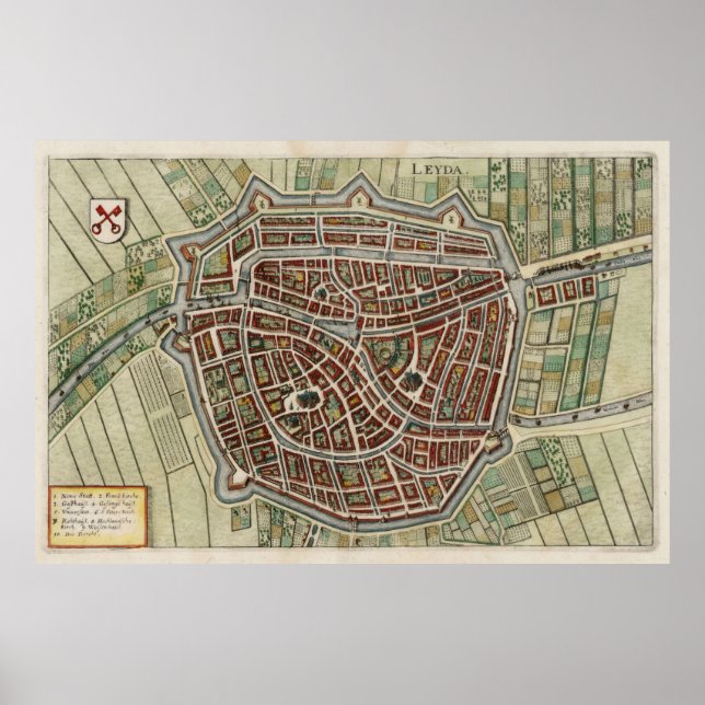 Vintage Karte Leiden Niederlande (1638) Poster (Vorne)