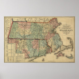 Vintage Karte Massachusetts 1879 u. Rhode Islands Poster