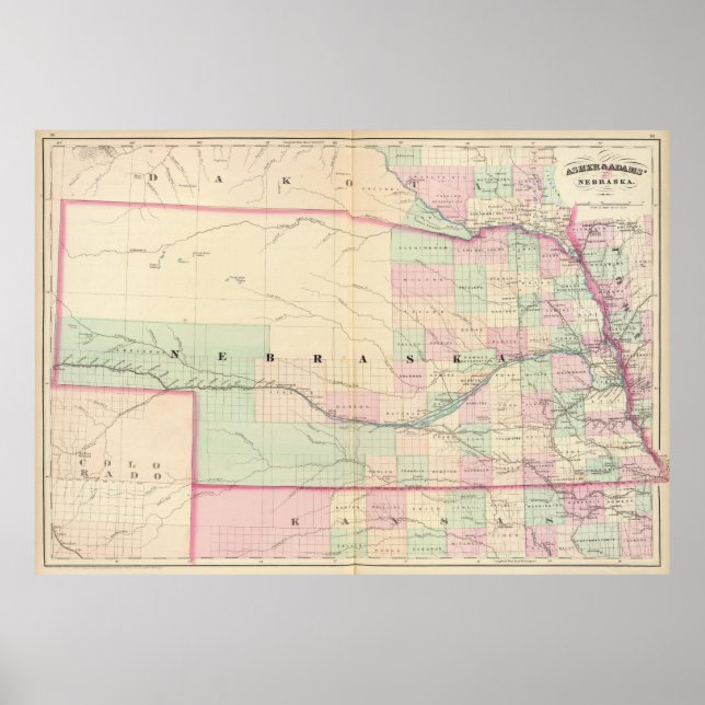 Vintage Karte Nebraska (1874) Poster (Vorne)