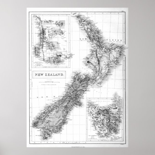 Vintage Karte Neuseelands (1854) BW Poster (Vorne)