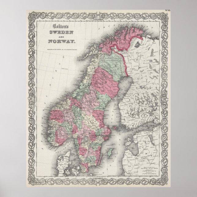 Vintage Karte Norwegens und Schwedens (1865) Poster (Vorne)