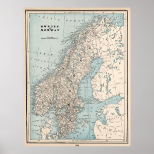Vintage Karte Norwegens und Schwedens (1893) Poster