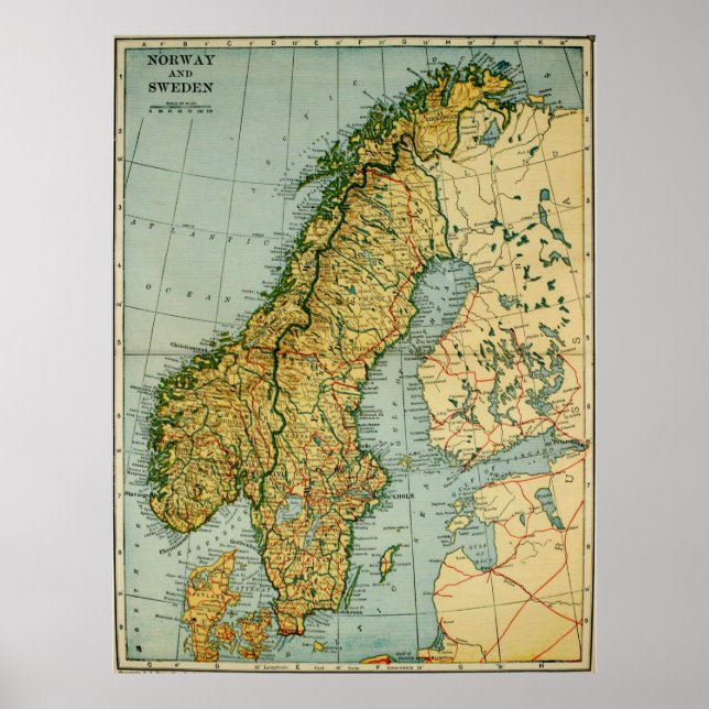 Vintage Karte Norwegens und Schwedens (1921) Poster (Vorne)