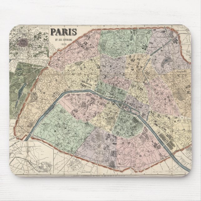 Vintage Karte Paris Frankreich 1878 Mousepad (Vorne)