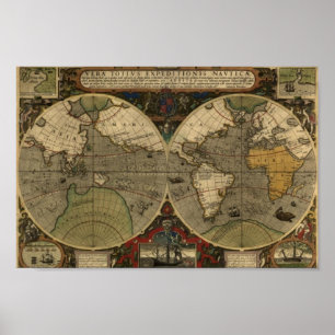 Vintage Karte Poster - 1595 Hondius World Map