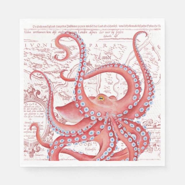 Vintage Karte Red Octopus White Serviette (Vorderseite)
