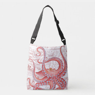 Vintage Karte Red Octopus White Tragetaschen Mit Langen Trägern