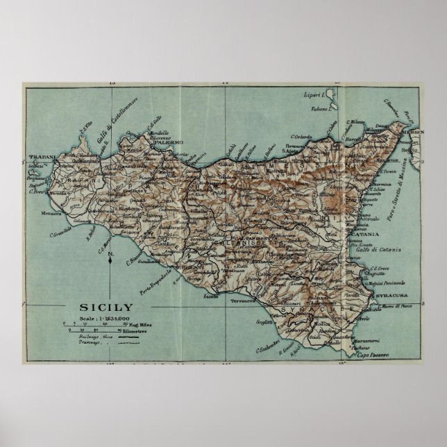 Vintage Karte Siziliens (1911) Poster (Vorne)