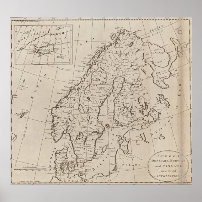 Vintage Karte Skandinaviens (1800) Poster (Vorne)