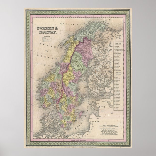 Vintage Karte Skandinaviens (1850) Poster (Vorne)