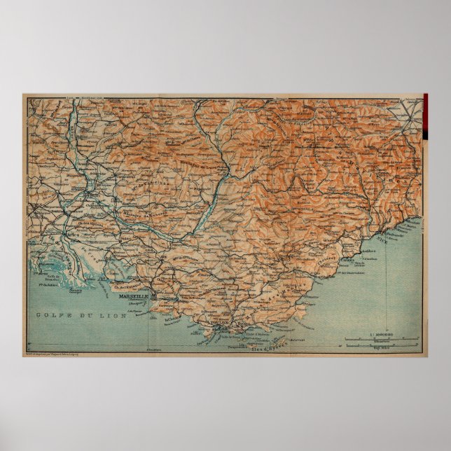 Vintage Karte Südfrankreich (1914) Poster (Vorne)