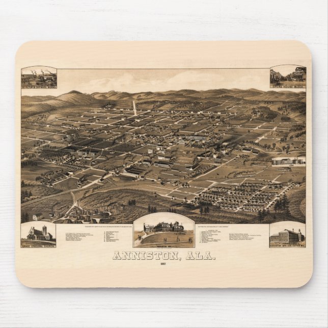 Vintage Karte von Anniston, Alabama (1887) Mousepad (Vorne)