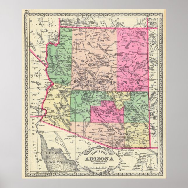 Vintage Karte von Arizona (1881) Poster (Vorne)