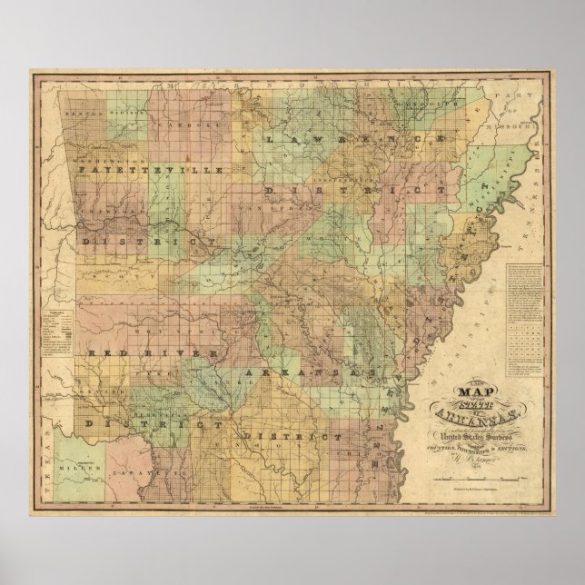 Vintage Karte von Arkansas (1839) Poster (Vorne)