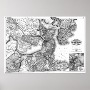 Vintage Karte von Boston Massachusetts (1871) BW Poster