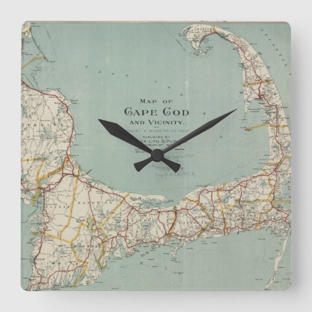 Vintage Karte von Cape Cod (1917) Quadratische Wanduhr (Vorderseite)