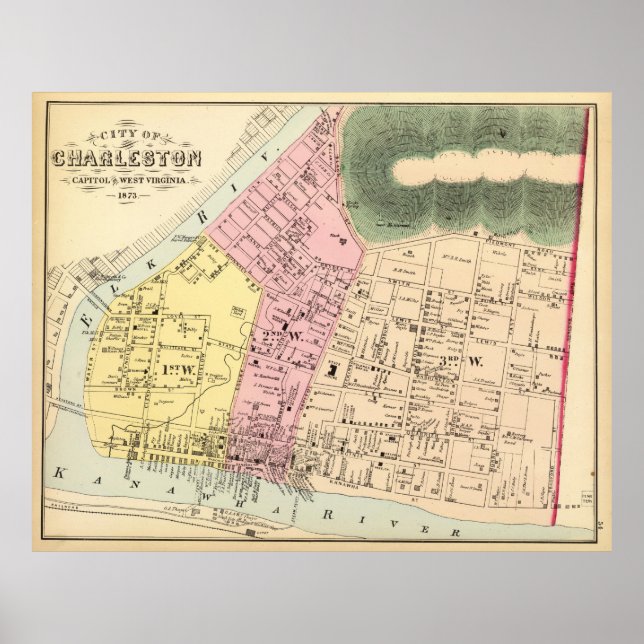 Vintage Karte von Charleston West Virginia (1873) Poster (Vorne)