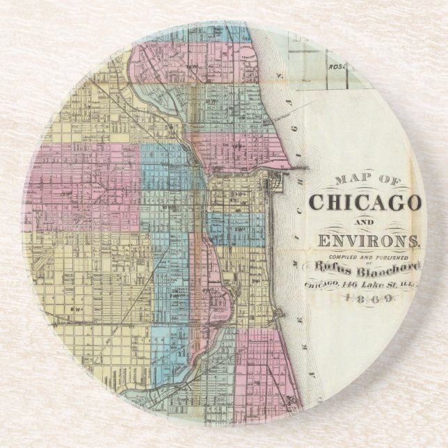 Vintage Karte von Chicago (1869) Getränkeuntersetzer (Vorne)