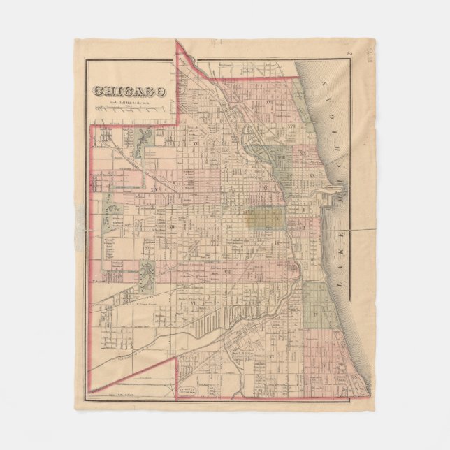 Vintage Karte von Chicago Illinois (1876) Fleecedecke (Vorderseite)