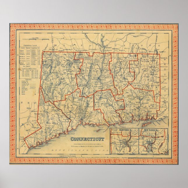 Vintage Karte von Connecticut (1846) Poster (Vorne)