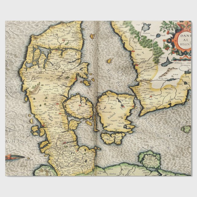 Vintage Karte von Dänemark (1596) Geschenkpapier (Flach)