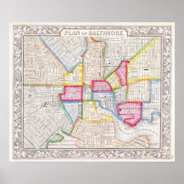 Vintage Karte von Downtown Baltimore (1860) Poster (Vorne)