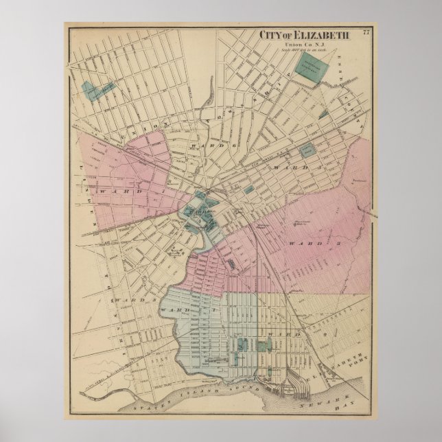 Vintage Karte von Elizabeth New Jersey (1872) Poster (Vorne)