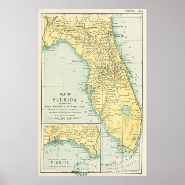 Vintage Karte von Florida (1891) Poster (Vorne)