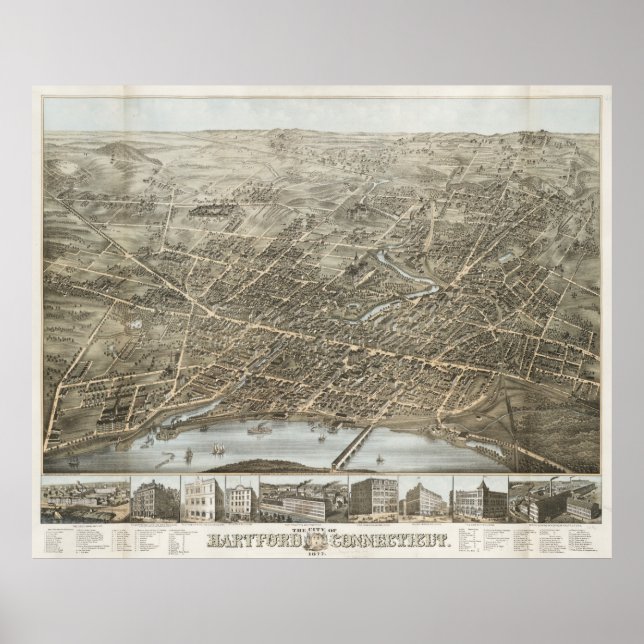 Vintage Karte von Hartford CT (1877) Poster (Vorne)